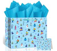 Skiing Birthday Gift Bag Blue Ski Birthday Gift Wrap Bag with Wrapping Paper Card Winter Sport Decorations Snow Mountain Snowboard Skiing Favor Bag for Kids Men Ski Lovers Bday Party Decor Supplies