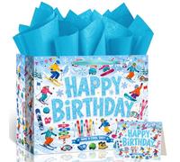 Skiing Birthday Gift Bag Blue Ski Birthday Gift Wrap Bag with Wrapping Paper Card Winter Sport Decorations Snow Mountain Snowboard Skiing Favor Bag for Kids Men Ski Lovers Bday Party Decor Supplies