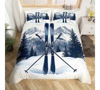 Skiing Duvet Cover Full Size,Winter Extreme Sports Navy Ski Pole Snowboard Bedding Set 3 Pcs for Kids Teens,Natural Ski Slope Mount Pine Trees Comforter Cover(No Filler)