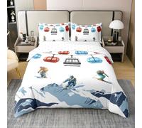 Skiing Kids Duvet Cover 100% Cotton Super King Size,Winter Extreme Sport Game Bedding Set,Snow Mountain Ski Girls Boys Room Decor,Simple Fashion Quilt Cover,2 Pillowcases(No Comforter)