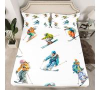 Skiing Kids Fitted Sheet Single Size,Winter Extreme Sport Game Bedding Set,Ski Lover Gaming Girls Boys Room Decor,Modern FashionBed Sheet,1 Pillowcase(No Flat)