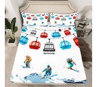 Skiing Kids Fitted Sheet Single Size,Winter Extreme Sport Game Bedding Set,Snow Mountain Ski Girls Boys Room Decor,Simple FashionBed Sheet,1 Pillowcase(No Flat)