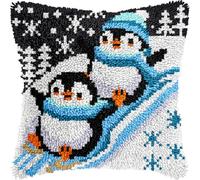 Skiing Penguins Christmas Latch Hook Kits for Adults Kids, Beginners Cute Aniamls Winter Latch Hook Pillow Kit Pre-Printed Latch Hook Rug Kits Cross-stitch Cushion for Home Sofa Decor 17x17 in.