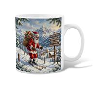 Skiing Santa Winter Scene Claus Christmas Ceramic Coffee Mug 11oz | Skiing Santa Illustration, Drinking Cup, Winter Mountain Landscape, Rustic Wooden Signposts, Joyful Seasonal Mood
