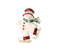 Skiing Snowman Rhinestone Brooch - Green Red Enamel Crystal Christmas Jewellery, Festive Lapel Pin for Women, Xmas New Year Party Gift Accessory