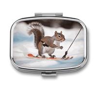 Skiing Squirrel Pill Box 2 Compartments Portable Travel Pill Case Mini Medicine Organizer for Pocket Purse Metal Waterproof Medicine Container Holder Vitamin Fish Oil