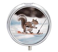 Skiing Squirrel Pill Box, 3 Compartment Small Pill Case Waterproof Travel Pill Organizer for Pocket Or Purse Portable Mini Medicine Tablet Vitamin Holder Pill Case
