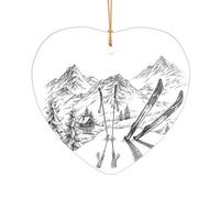 (Skiing Theme) Printed Christmas Tree Acrylic Ornaments Pendants 1 PCS Xmas Ornaments for Novel Heart Shape