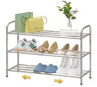 SKIKEN 3-Tier Stainless Steel Shoe Rack, 4-Rod Extendable and Adjustable Feet, Small Adjustable Shoe Rack, Standing Storage Shelf Rack for Entryway, Closet, Doorway, Stair Side or Laundry Room