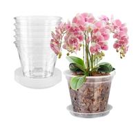 SKIKHN 17CM Clear Orchid Pot,5 Pack Clear Plastic Plant Pots with Drainage Hole and Tray,House Plant Pots Nursery Pots for Orchid Repotting Kit,Breathable Slotted Seed Seedling Pots for Root Growing