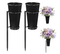 SKIKHN 2 Pack Cemetery Vases, Metal Cemetery Vase, Memorial Grave Vases, Ceramic Grave Vase with Stakes, for Gardens, Lawns and Outdoor Tribute, Graveside Decorations(Flowers are not included, Black)