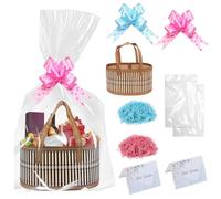 SKIKHN 2 Pcs Empty Hamper Basket, Large Woven Bamboo Gift Basket with 2 Cellophane Bags, 2 Pull Bows, 2 Greeting Cards and Shredded Paper, Empty to Fill Baby Shower, Birthday, Housewarming, Wedding