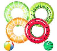 SKIKHN 75CM Fruit Inflatable Pool Floats,4 Pack Rubber Ring for Swimming with 2Pcs 30CM Beach Balls,Pool Inflatable Swimming Rings for Adults Beach,Summer Pool Parties(Watermelon Kiwi Orange Lemon)