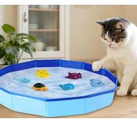 SKIKHN Cat Pool Toy, 50 * 10CM Foldable Mini Swimming Pool Cats Toy with 6pcs Water Fish, Cat Fish Toys for Bored Indoor, Interactive Water Play, Cats Interactive Pet Toy for Endless Self Play