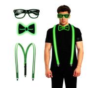 SKIKHN Pack of 3 LED Light Braces, Wired Neon Rave Glasses, LED Bow Tie, Glitter Bow Tie, LED Rave Outfit Set, Men's LED Clothing for Carnival, Music, Festival, Wedding, Halloween, Bachelor Party,
