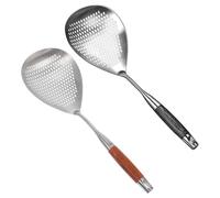 Skimmer Spoon Stainless Steel 2pcs with Wooden Handle | Deep Bowl, Wide Head, Smooth Rounded Rim, Dense Perforations, Non-slip Ergonomic Grip, Fast Lifting during Noodle Cooking