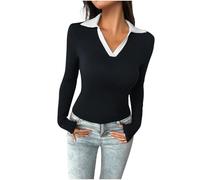 Skims Dupe Skims Long Sleeve Top Crop Tops for Women UK Y2K Tops Women Going Out Tops for Women UK Womens T Shirts Color Blocked V-Neck Cinched Waist Basic Blouse Tee Ladies Tops