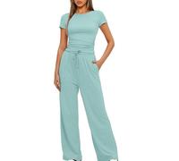 Skims Dupe Two Piece Outfit Women's Tracksuit Short Sleeve Crop Top Drawstring Elastic Waist Wide Leg Trouser Stretch Lounge Sets Airport Outfits Y2k Clothes Ladies Yoga Co Ord Sets for Women