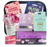 Skin Care Set for Acne Bundle with Pimple Patches, Jade Roller, Make Up Remover Cloth, Rose Soothing Face Mask, Charcoal Nose Strips, Lip Mask and Clear Cosmetic Bag for Blemish Treatment