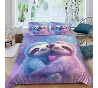 Skin-Friendly 3D Microfiber cute sloth couple Duvet Cover Set All Season Bedding Set w/ Pillowcases cartoon animal illust Comforter Cover Easy Care, Washable for Bedroom Decor Super king（260x220cm）