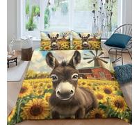 Skin Friendly 3D Microfiber Donkey in field Duvet Cover All Season Bedding Set with Pillow Shams Sunflower farm scene art Comforter Cover Breathable for Teens Adults Double（200x200cm）