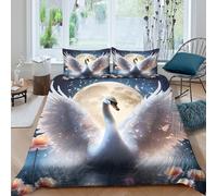 Skin-Friendly 3D Microfiber Swan with wings Duvet Cover Set All Season Bedding Set w/ Pillowcases Fantasy moonlit scene Comforter Cover Easy Care Machine Washable for Bedroom Decor Double（200x200cm）
