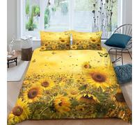 Skin-Friendly 3D Print Microfibre Sunflower field Duvet Cover Easy Care Bedding Set w/Pillowcases Nature art Comforter Cover All Season Breathable Machine Washable for Couples Single（135x200cm）