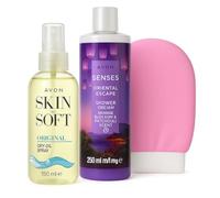 Skin So Soft Glowing Skin Set - Dry Oil Spray + Exfoliating Mitt (Pink/White) + Oriental Escape Shower Cream - Silky Skin Gift Bundle