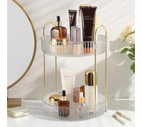 Skincare Organiser 360° Rotating Perfume Stand, 2-Tier Makeup Storage Holder, Spinning Makeup Organiser for Bathroom, Dresser, Bedroom Countertop (Clear)