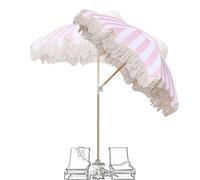 SKINCATE Pink White Striped Parasol 6.5ft Beach Umbrella With White Tassels, Boho Patio Umbrella, Outdoor Pool/Garden/Market Umbrellas, Tilt 180°