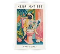 SKINGE Funny Dog Bathroom Wall Art Henri Matisse Room Aesthetics Retro Pink Decor Pug on Toilet Canvas Painting Print Artworks Animal Bathroom Art Aesthetics Pictures 12x18 inch Unframed