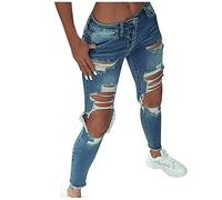 Skinny Ripped Jeans Womens Low Waisted Stretch Distressed Denim Pants Slim Fit Stretchy Ripped Boyfriend Jeans Casual Y2K Streetwear Destroyed Faded Trousers Denim with Hole