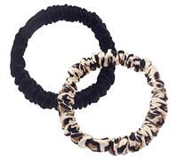 Skinny Scrunchies for Hair for Wome, Black and Leopard 2 Pack Hair Ties with No Damage Slip Design