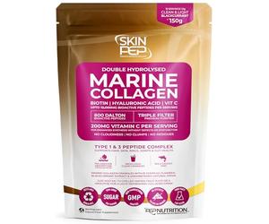 SkinPep Hydrolysed Marine Collagen Peptide Powder + VIT C, Hyaluronic Acid, Biotin & B Complex, Blackcurrent Extract & Stevia. Premium Clean Light Taste/No Fishy Smell Zero Sugar - 150g