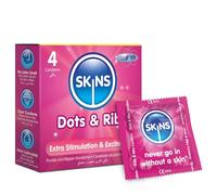 Skins Dots & Ribs Condoms 4 Pack - Ribbed and Dotted Condoms for Enhanced Pleasure - Extra Lubricated, Clear Sexual Contraception with Natural Feel with No Latex Smell