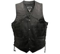 Skintan Mens Real Leather Full Grain Cowhide Lace Sided Tasselled Motorcycle Biker Waistcoat Classic Motorbike Vest Black Size 6XL 54