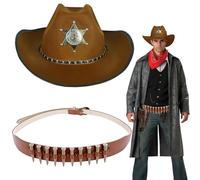 SKIPTHYBER Cowboy Hats, 3 PCS Western Cowboy Fancy Dress Accessories Set with Brown Hat Paisley Bandanna Holster Belt for Men, Women, Adults Wild West Fancy Dress Party