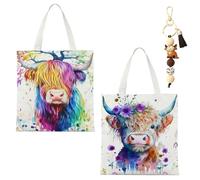 SKIPTHYBER Highland Cow Canvas Tote Bag, Double-Sided Printed Shoulder Bag,Animals Farm Themed Canvas Shopping Bag Unique Gifts for Women Men, Reusable Bags for School, Work, Travel, Grocery