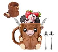 SKIPTHYBER Highland Cow Ice Cream Holder-3D Printed Ice Cream Holder 16oz Ice Cream Cups with Anti-Freeze 2 Spoons & Handle, Highland Cow Lover Gifts,for Home Travel Party Camping Picnic School