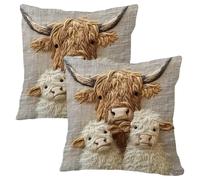 SKIPTHYBER Highland Cow Pillow Cover 2PCS Highland Cow Pattern Cushion Covers 3DFloral Animal Print Decorative Pillow Case for Sofa Couch Living Room Farmhouse Decor 45x45cm