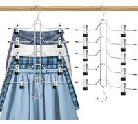 Skirt Hangers with Clips, 5 Tier Pants Skirt Hangers Space Saving Multi Shorts Hangers with Adjustable Clips 2 Pack