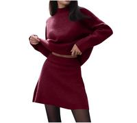 Skirt Sets Women 2 Piece Outfits Long Sleeve Jumper Round Neck Knitted Sweater Tops and Mini Skirts Set Ladies Elegant Ribbed Knit Tunic Skirts Office Work Dress Sets Wine