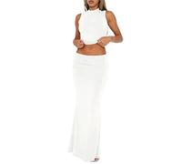Skirt Sets Women 2 Piece Outfits - Sexy Two Pc Sleeveless Tank Crop Top Fold Over Maxi Long Skirts, White, S