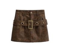 Skirt Women's Color-Washed high-Waisted A-line Hip-Hugging Short Skirt-Khaki-M