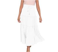 Skirts for Women UK High Waist Pleated Skirts Girl's Maxi Skirts Solid Color A-Line Skirts with Drawstring Summer Gypsy Skirts (UK, Alpha, L, Regular, Regular, White)