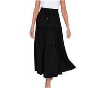 Skirts for Women UK High Waist Pleated Skirts Girl's Maxi Solid Color A-Line with Drawstring Summer Gypsy (UK, Alpha, XL, Regular, Regular, Black)
