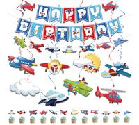 SKIRUP Aviator Themed Party Decoration Happy Birthday Banner and Garland,Cupcake Toppers Airplanes Hanging Swirl,Airplane Foil Balloons for Up Up and Away Party, Plane Theme Birthday Party