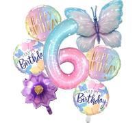 SKIRUP Butterfly Number 6 Birthday Balloons, 40 cm Gradient Starry Sky Foil Balloons, Set of 6, for Girls or Boys Birthday Party, Baby Shower, Rainbow Party, Butterfly Party Decorations