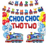 SKIRUP Choo Choo Two Two Party Decorations for 2 Years Old Boys, Train Balloon Theme Birthday Party Supplies, Happy Birthday Train Banner, Cloud Latex Balloons, Train Foil Balloons