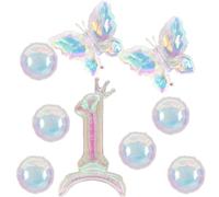 SKIRUP Iridescent Crystal Butterfly number 1 stand Balloons Colorful/Butterfly Theme Birthday Party/Rainbow 1st brithday Party/Woodland Forest Theme Party (Transparent 40 inches)